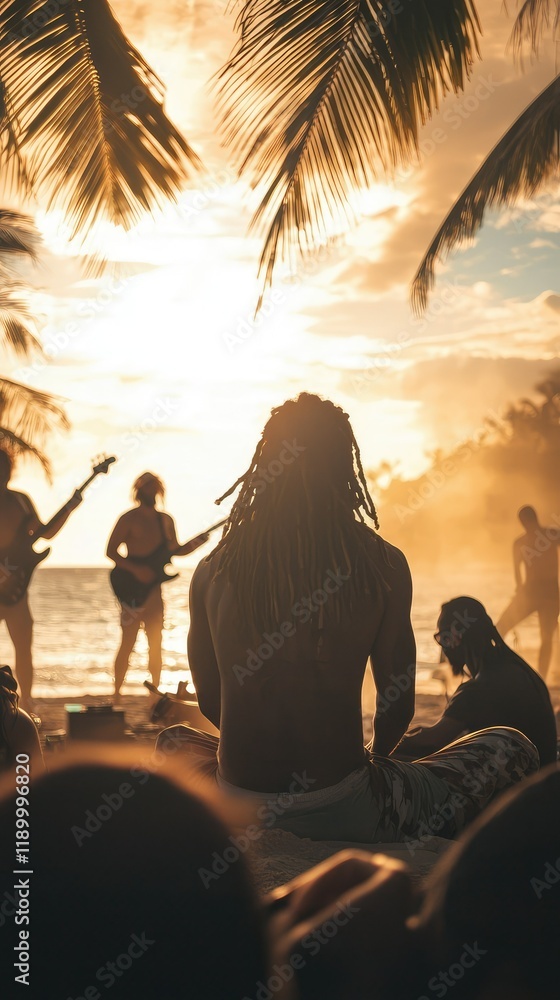 Fototapeta premium Silhouette of Relaxed Man Enjoying Beach Music Performance at Sunset