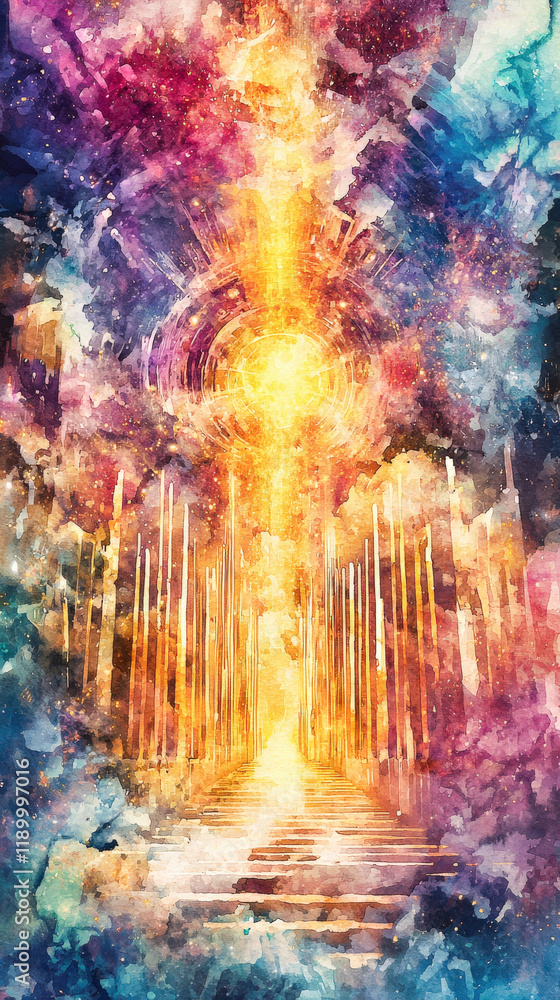 Naklejka premium A vibrant watercolor of the Book of Revelation, showing the heavenly city with golden gates, shining streets, and divine light radiating in a celestial glow.