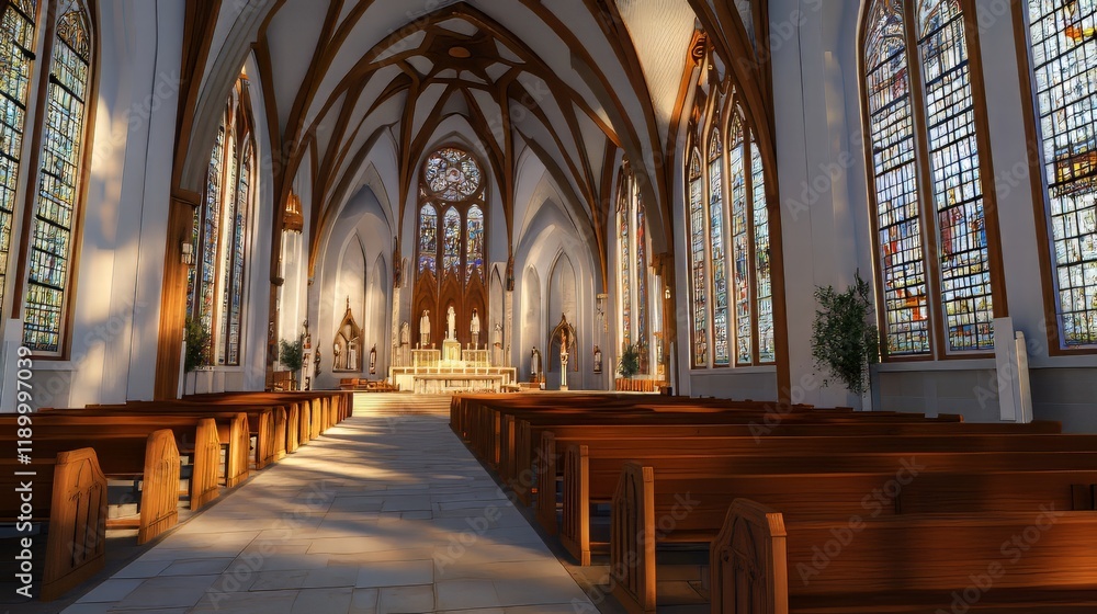Fototapeta premium Sunlit church interior with pews