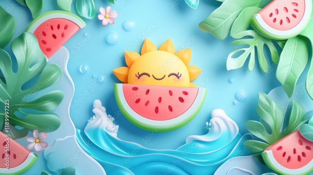 Summer Fun: A Delightful 3D Render of a Smiling Sun in a Watermelon Slice Surrounded by Tropical Leaves and Ocean Waves Summer Fun: A Delightful 3D Render of a Smiling Sun in a Watermelon Slice Surrounded by Tropical Leaves and Ocean Waves