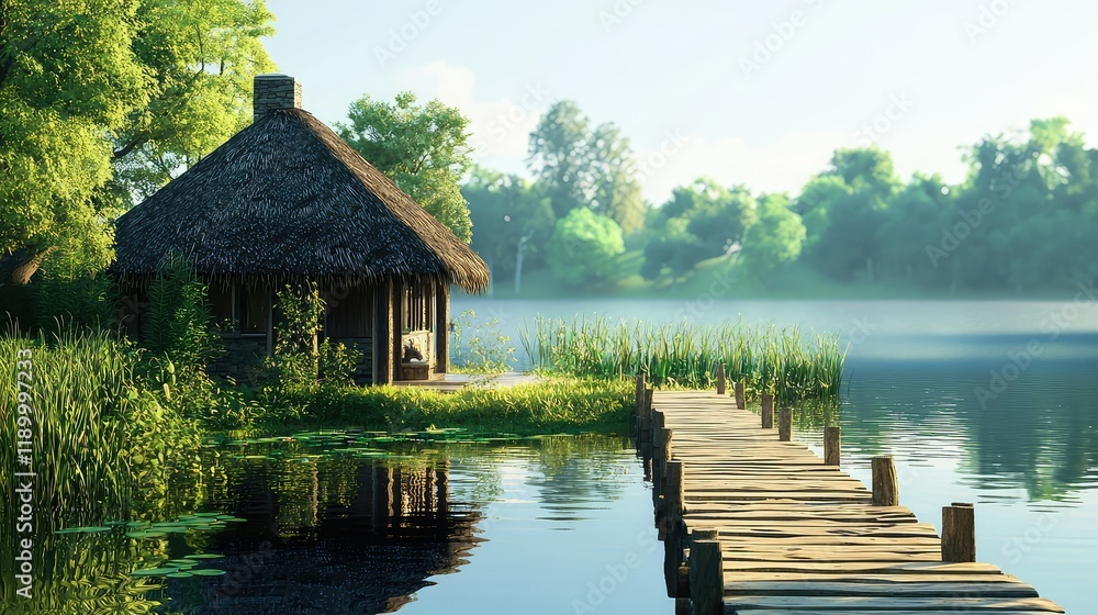 Fototapeta premium Serene Lakeside Hut with Wooden Dock and Lush Green Surroundings