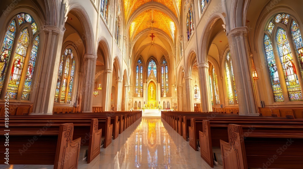Fototapeta premium Grand church interior with stained glass