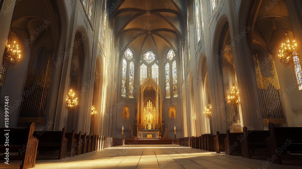 Fototapeta premium Serene church interior, sunlight streams in