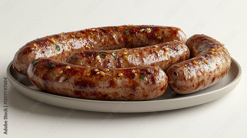 Four grilled sausages on a gray plate, garnished with herbs. Four grilled sausages on a gray plate, garnished with herbs.