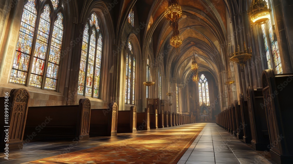 Fototapeta premium Grand cathedral aisle, stained glass