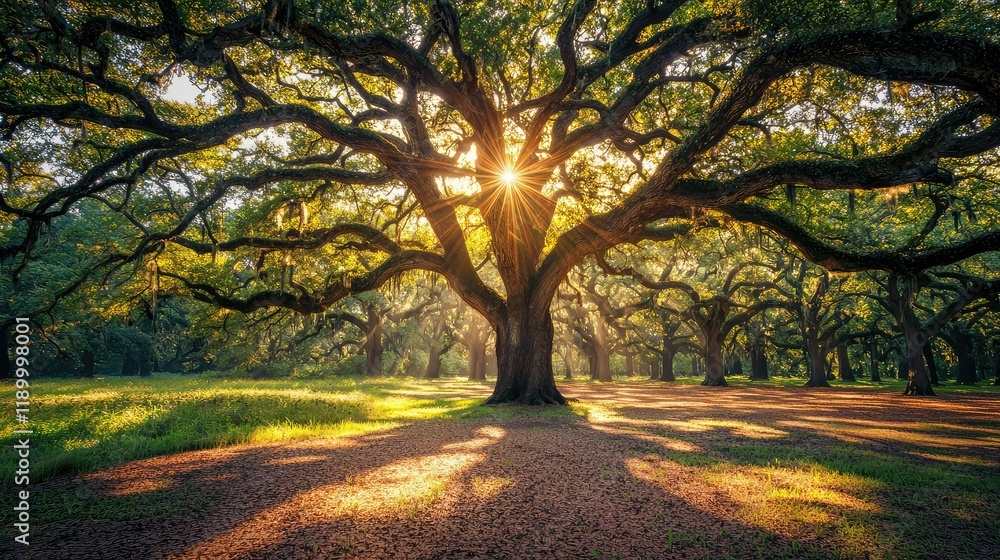 Fototapeta premium Majestic Oak Trees with Sunlight Streaming Through Branches