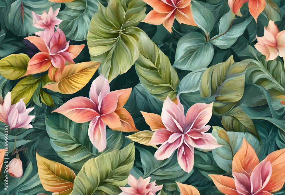 A vibrant floral pattern featuring a variety of colorful flowers and lush green leaves. The design includes shades of red, pink, yellow, and green, creating a lively and tropical feel. A vibrant floral pattern featuring a variety of colorful flowers and lush green leaves. The design includes shades of red, pink, yellow, and green, creating a lively and tropical feel.