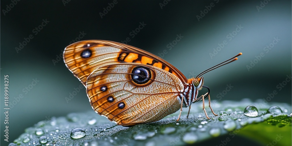 Fototapeta premium Butterfly on dewy leaf, nature scene, macro shot