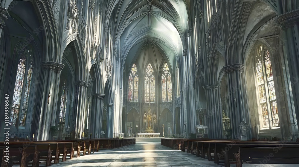 Fototapeta premium Sunlit Gothic Cathedral Interior