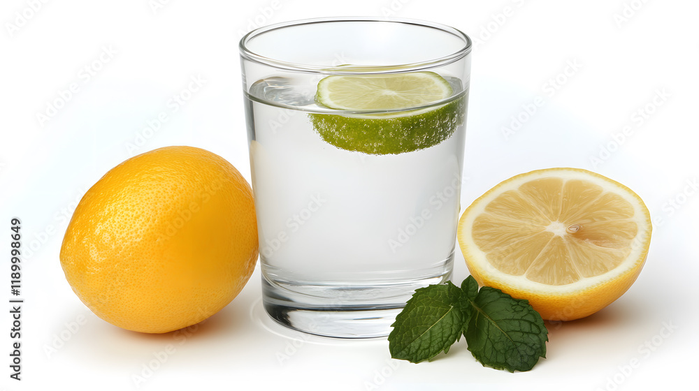 Refreshing glass of water with lime slice, alongside whole lemon and half lemon, garnished with fresh mint leaves. Perfect for healthy lifestyle and summer concepts. Refreshing glass of water with lime slice, alongside whole lemon and half lemon, garnished with fresh mint leaves. Perfect for healthy lifestyle and summer concepts.