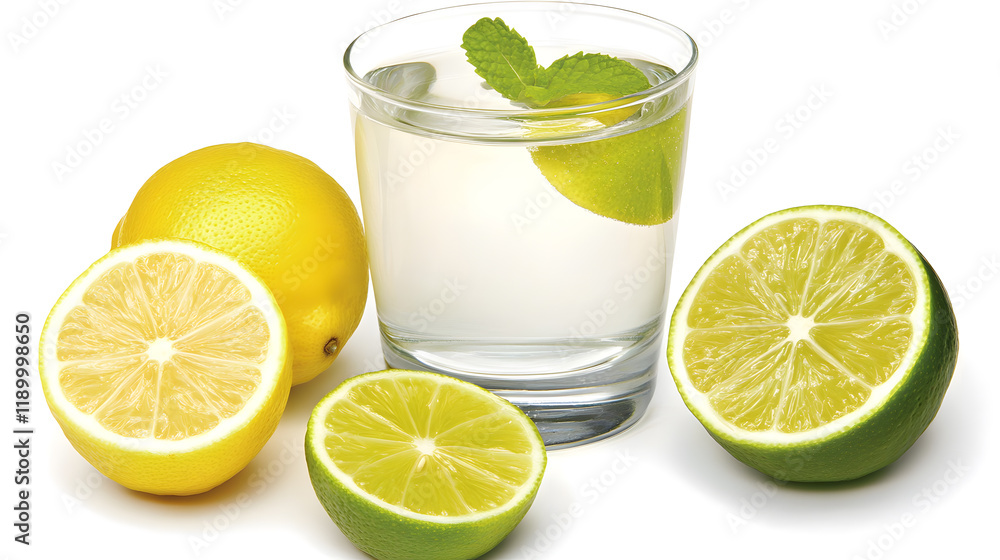 Refreshing image of a glass of water with lemon and lime slices, mint leaves. Perfect for healthy lifestyle, summer drinks, or citrus themes. Refreshing image of a glass of water with lemon and lime slices, mint leaves. Perfect for healthy lifestyle, summer drinks, or citrus themes.