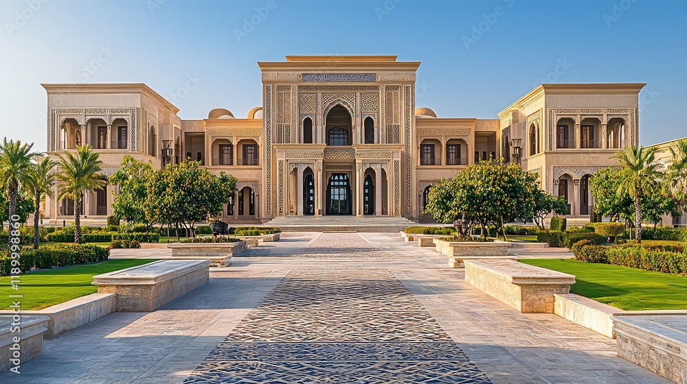 Fototapeta premium Luxurious Traditional Mansion with Lush Gardens and Clear Sky
