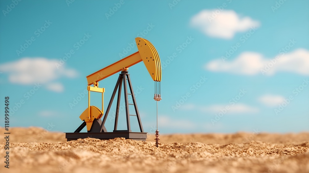 Fototapeta premium Oil Pump Jack in Sunny Desert Landscape with Blue Sky and Clouds