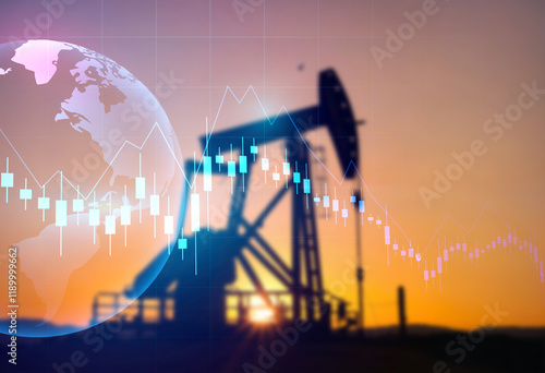 A dynamic composition blending silhouettes of oil rigs at sunset with financial graphs, representing the intersection of energy production, global trade, and economic trends in the oil industry.