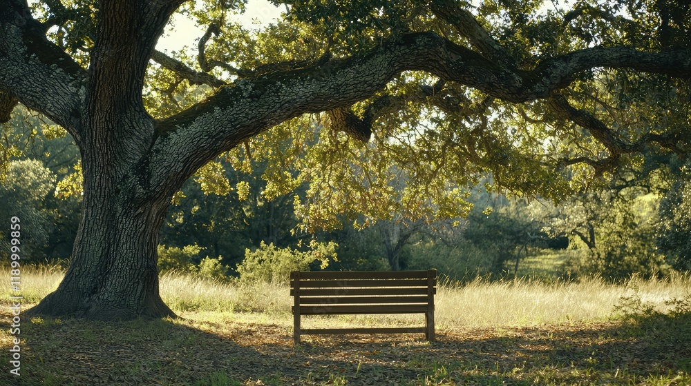 Serene Wooden Bench Under Majestic Oak Tree in Tranquil Setting Serene Wooden Bench Under Majestic Oak Tree in Tranquil Setting