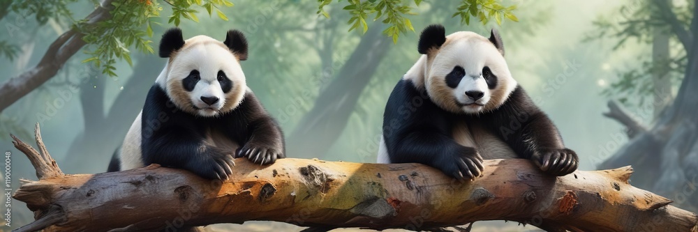 Naklejka premium Colorful watercolor artwork of a panda sitting on a fallen tree, watercolor, nature