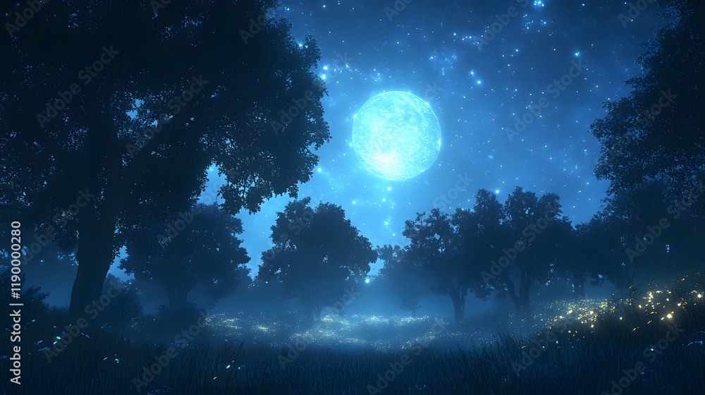 A serene night landscape with glowing lights under a full moon. A serene night landscape with glowing lights under a full moon.