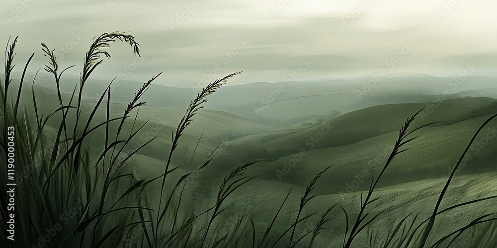 Obraz premium Misty valley landscape, tall grass foreground, peaceful scene, nature background, ideal for travel brochures