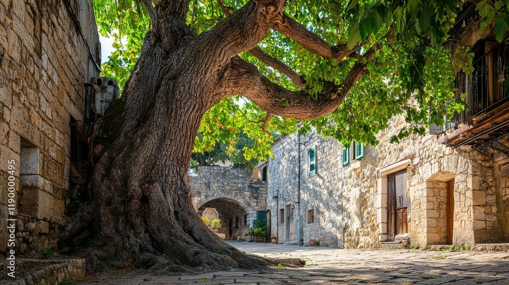 Naklejka premium Majestic Old Tree in Charming Stone Village Street Scene