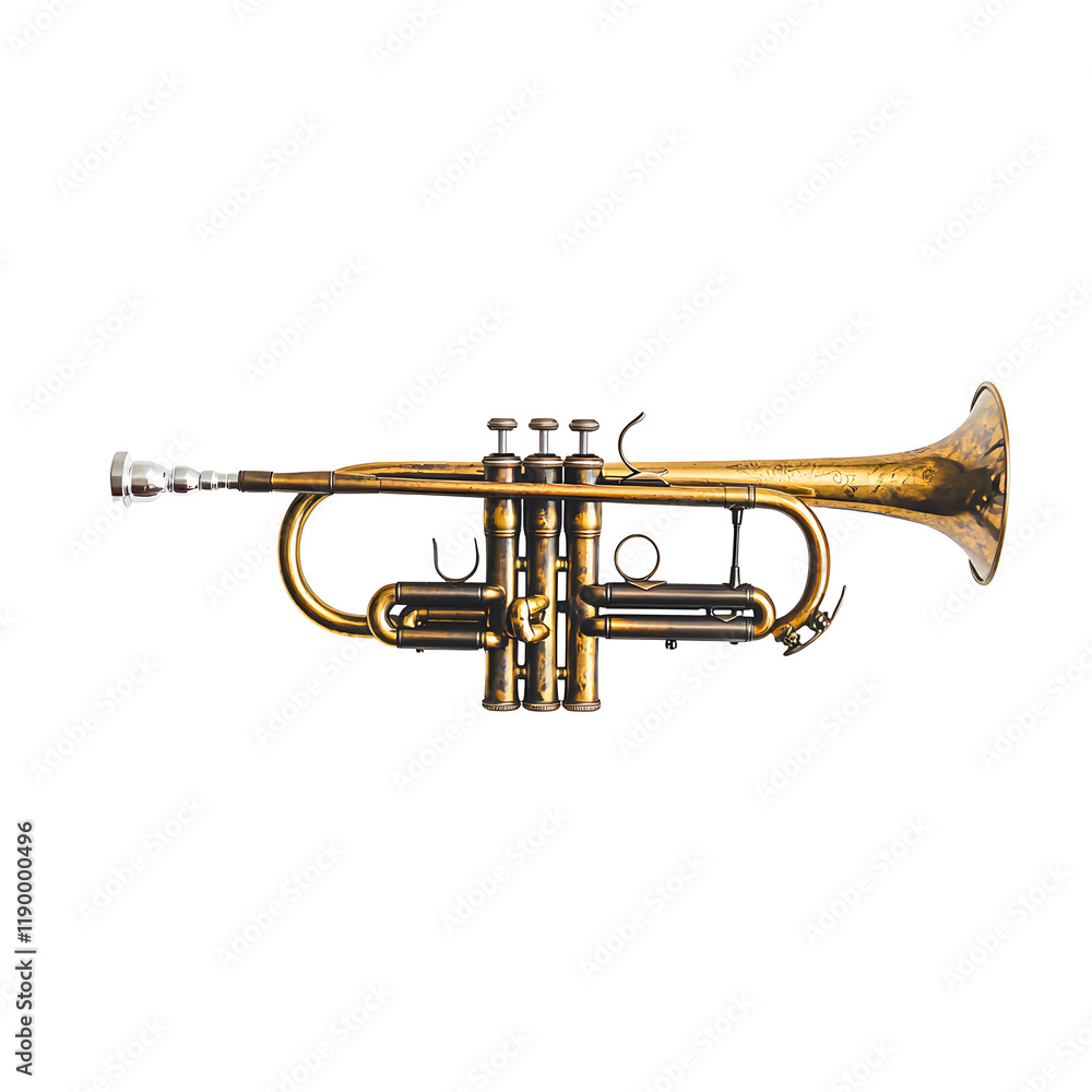 Obraz premium Vintage Golden Trumpet Musical Instrument on White Background