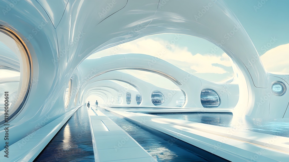 Fototapeta premium Futuristic indoor space with smooth architecture and serene water features.