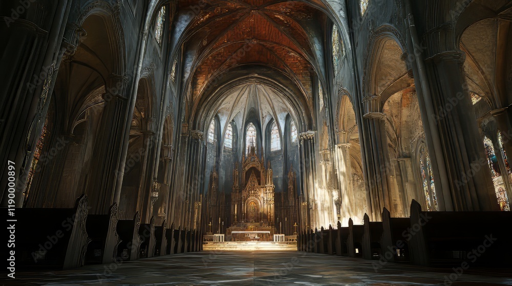 Fototapeta premium Grand church interior, sunlight streams in