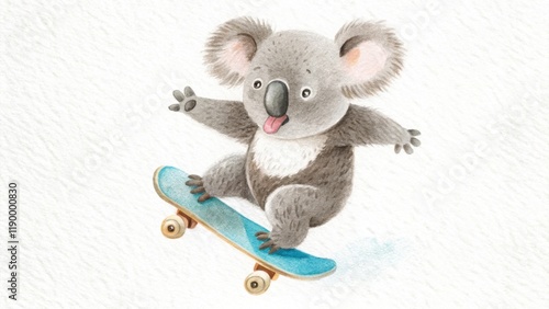 A playful koala skateboards joyfully on a blue board, showcasing its fun and adventurous spirit in a whimsical illustration. photo