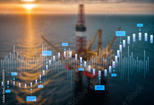 A dynamic composition blending silhouettes of oil rigs at sunset with financial graphs, representing the intersection of energy production, global trade, and economic trends in the oil industry.