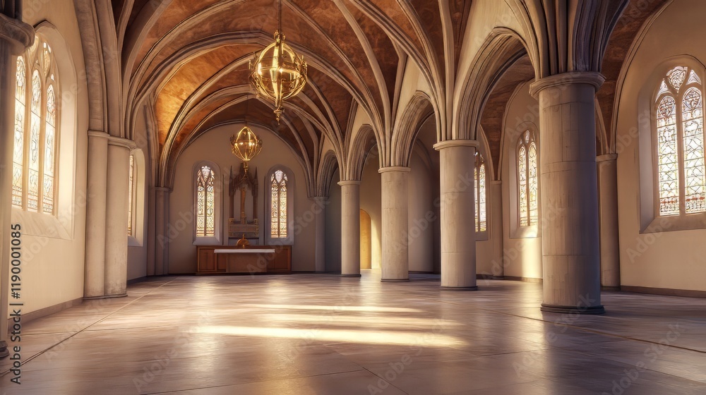 Fototapeta premium Sunlit stone chapel interior