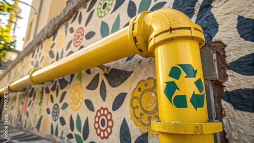 A vibrant yellow pipe with a recycle symbol stands against a colorful floral mural, promoting sustainability and urban art. photo