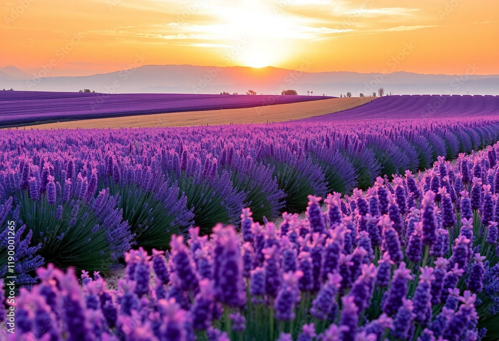 Naklejka premium Lavender field in the morning Lavender Fields in Full Bloom Under a Golden Sky