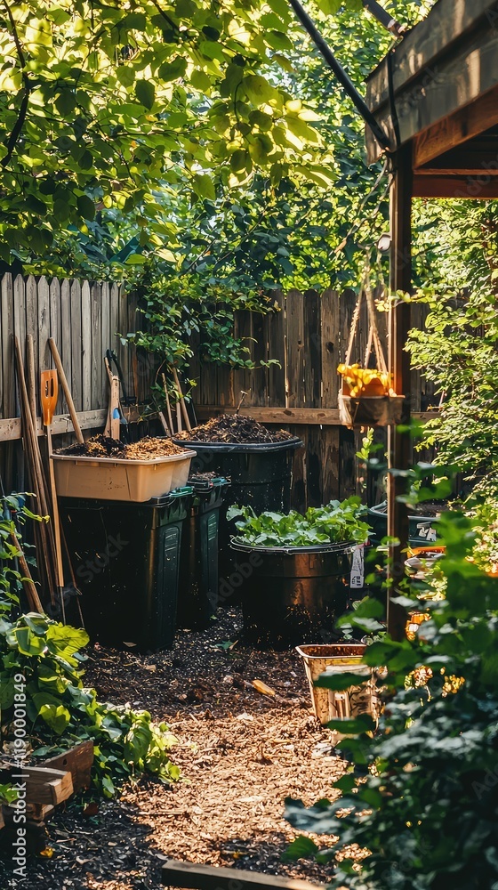 Lush Green Garden Pathway with Planters and Gardening Tools Lush Green Garden Pathway with Planters and Gardening Tools