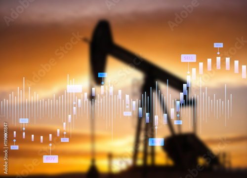 A dynamic composition blending silhouettes of oil rigs at sunset with financial graphs, representing the intersection of energy production, global trade, and economic trends in the oil industry.