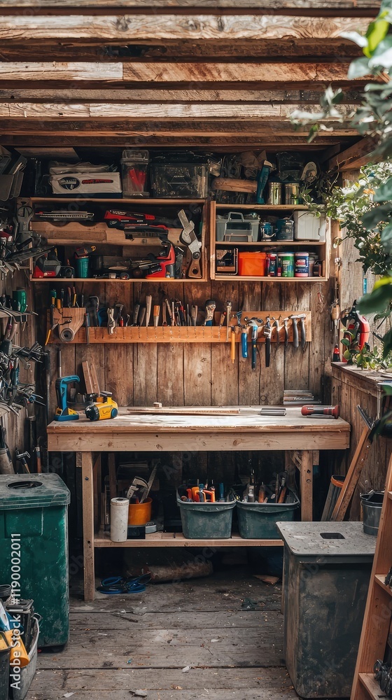 Cozy Rustic Workshop with Tools and Wooden Shelves in Natural Light Cozy Rustic Workshop with Tools and Wooden Shelves in Natural Light