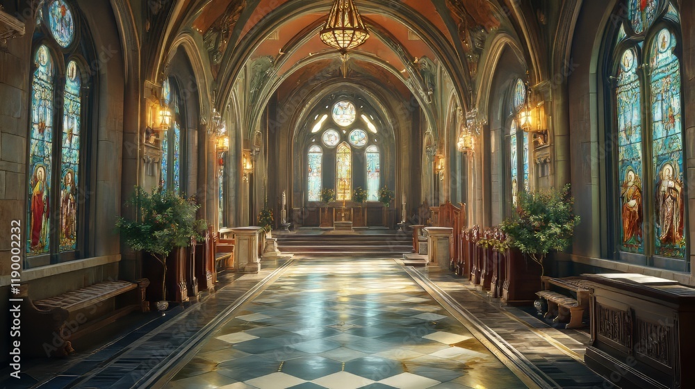 Fototapeta premium Grand church aisle, stained glass