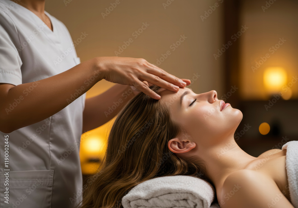 Naklejka premium Head and Forehead Massage: Rejuvenating Treatment by Spa Professional