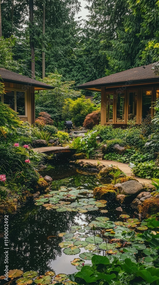 Serene Garden with Pond and Lush Greenery Surrounded by Trees Serene Garden with Pond and Lush Greenery Surrounded by Trees