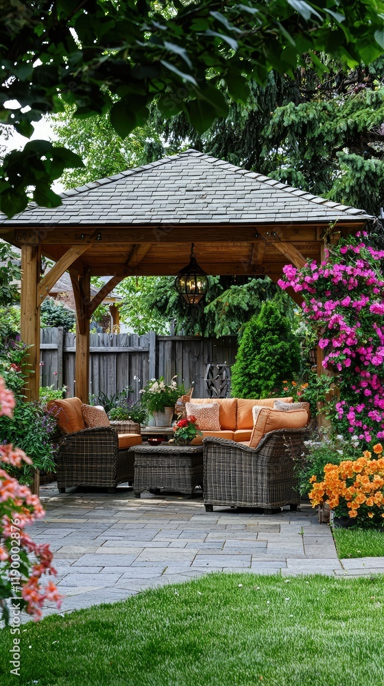 Fototapeta premium Cozy Garden Haven with Comfortable Seating and Vibrant Flowers
