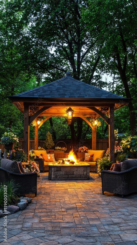 Cozy Outdoor Gazebo with Warm Fire Pit Surrounded by Nature Cozy Outdoor Gazebo with Warm Fire Pit Surrounded by Nature
