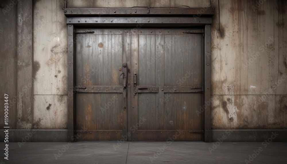 Dirty and stained warehouse wall with metal door, bleak, weathered, worn-out Dirty and stained warehouse wall with metal door, bleak, weathered, worn-out