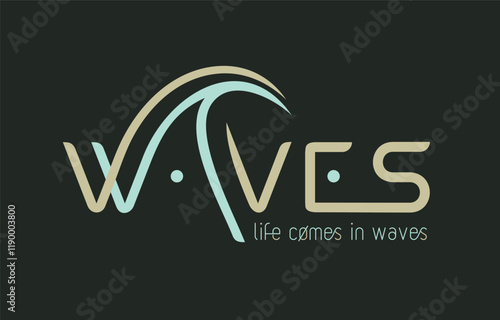 Lettering illustration with the word waves and small text. Graphic style art.