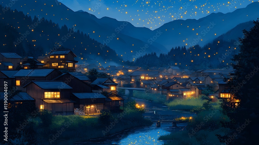Fototapeta premium Enchanting twilight over a serene village, illuminated by fireflies and warm lights.