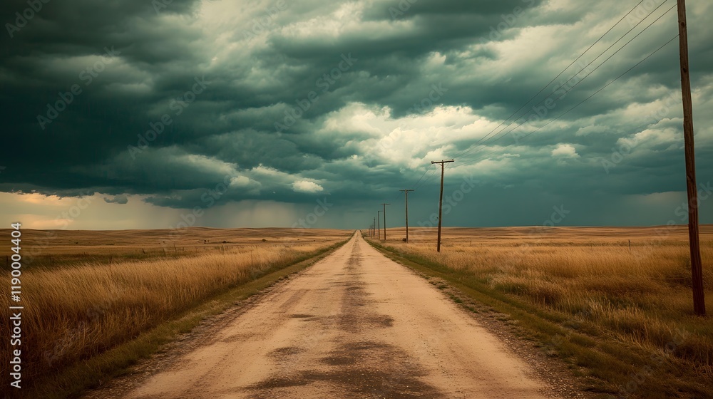 A scenic dirt road stretches into a stormy sky with dramatic clouds overhead. A scenic dirt road stretches into a stormy sky with dramatic clouds overhead.
