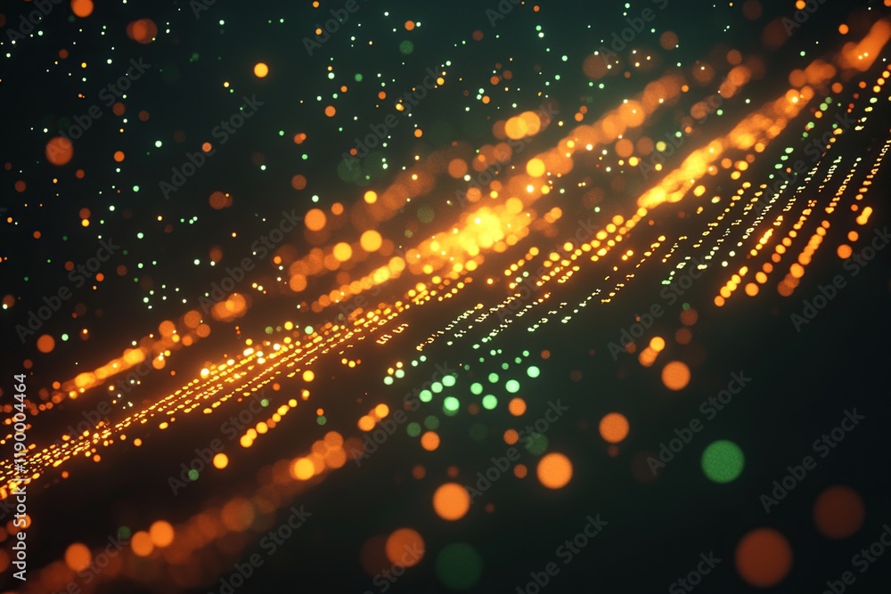 Obraz premium Abstract Orange and Green Light Trails Flow Dynamically Across Dark Background, Creating a Mesmerizing Visual Spectacle.