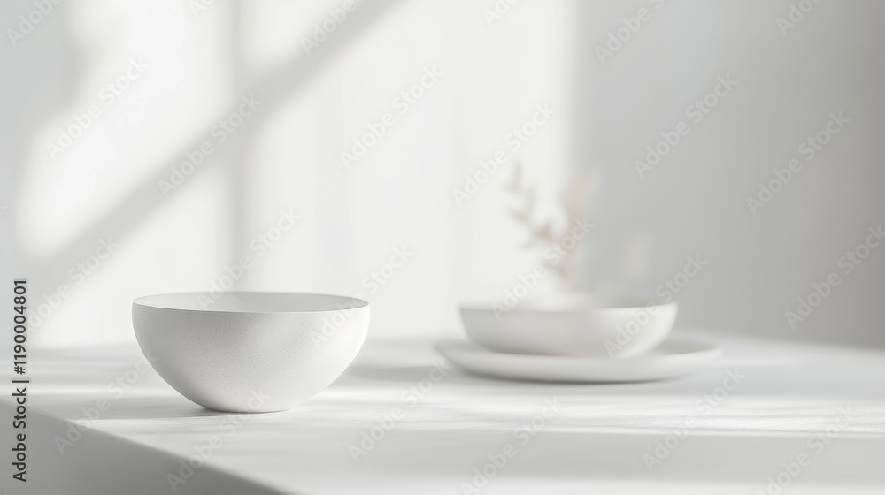 Minimalistic Soft Blurred Background with White Bowl and Plates Minimalistic Soft Blurred Background with White Bowl and Plates