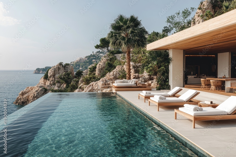 Fototapeta premium Infinity pool overlooking mediterranean sea at luxury resort in spain
