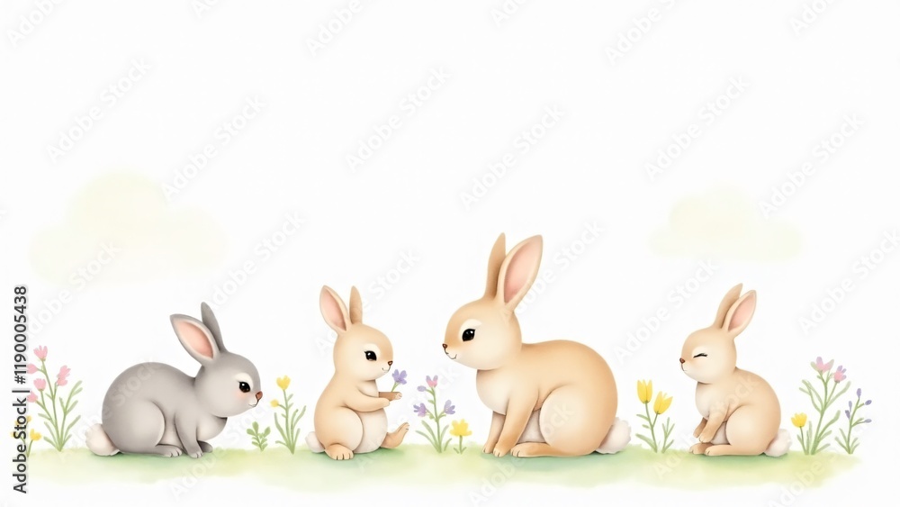 Fototapeta premium Delicate watercolor bunnies surrounded by pastel flowers and foliage. A serene and minimal design, perfect for spring-themed cards, nursery art, or elegant Easter prints.