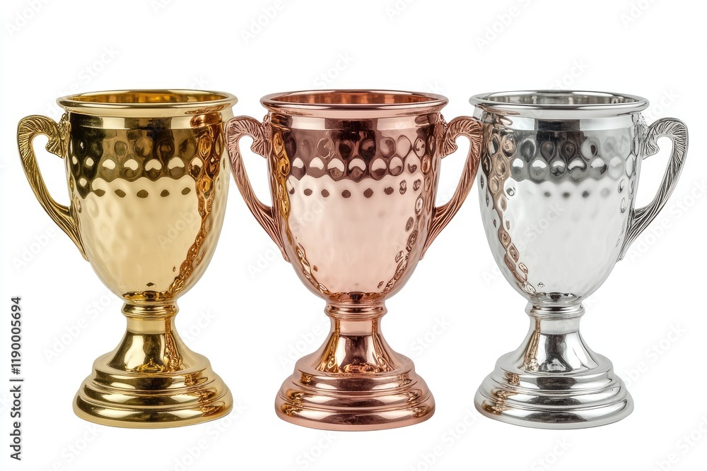 Gold, silver and bronze trophy cups representing winning places Gold, silver and bronze trophy cups representing winning places