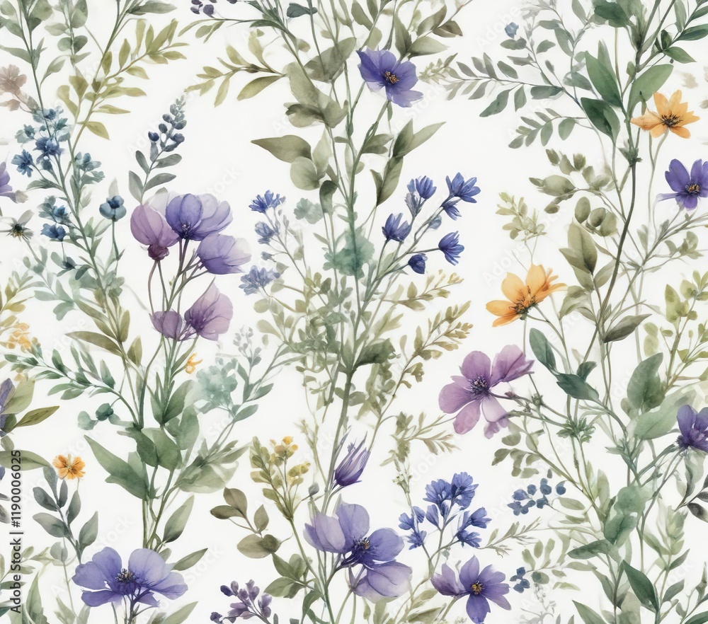 Fototapeta premium Dreamy watercolor wildflowers and leafy branches on seamless white background motif, elegant, artistic, feminine, muted pastel hues
