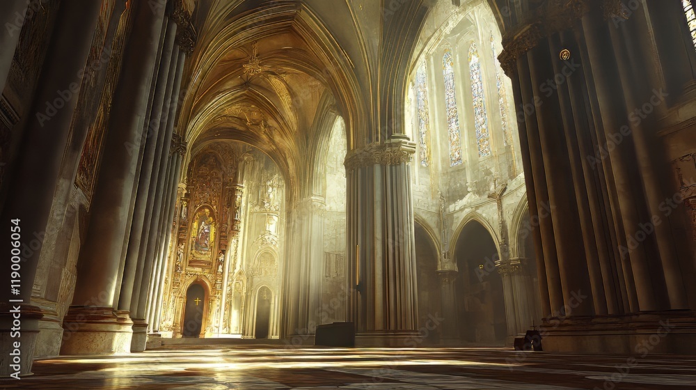Obraz premium Sunlit cathedral interior, grand and serene.